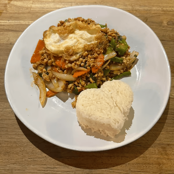 Basil Ground Chicken with Fried Egg